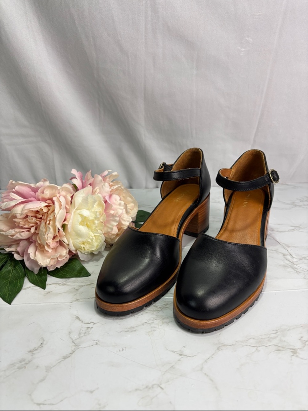 Patina by Portland Leather Black Leather Mary Jane Block Heel Sandals Shoes 11